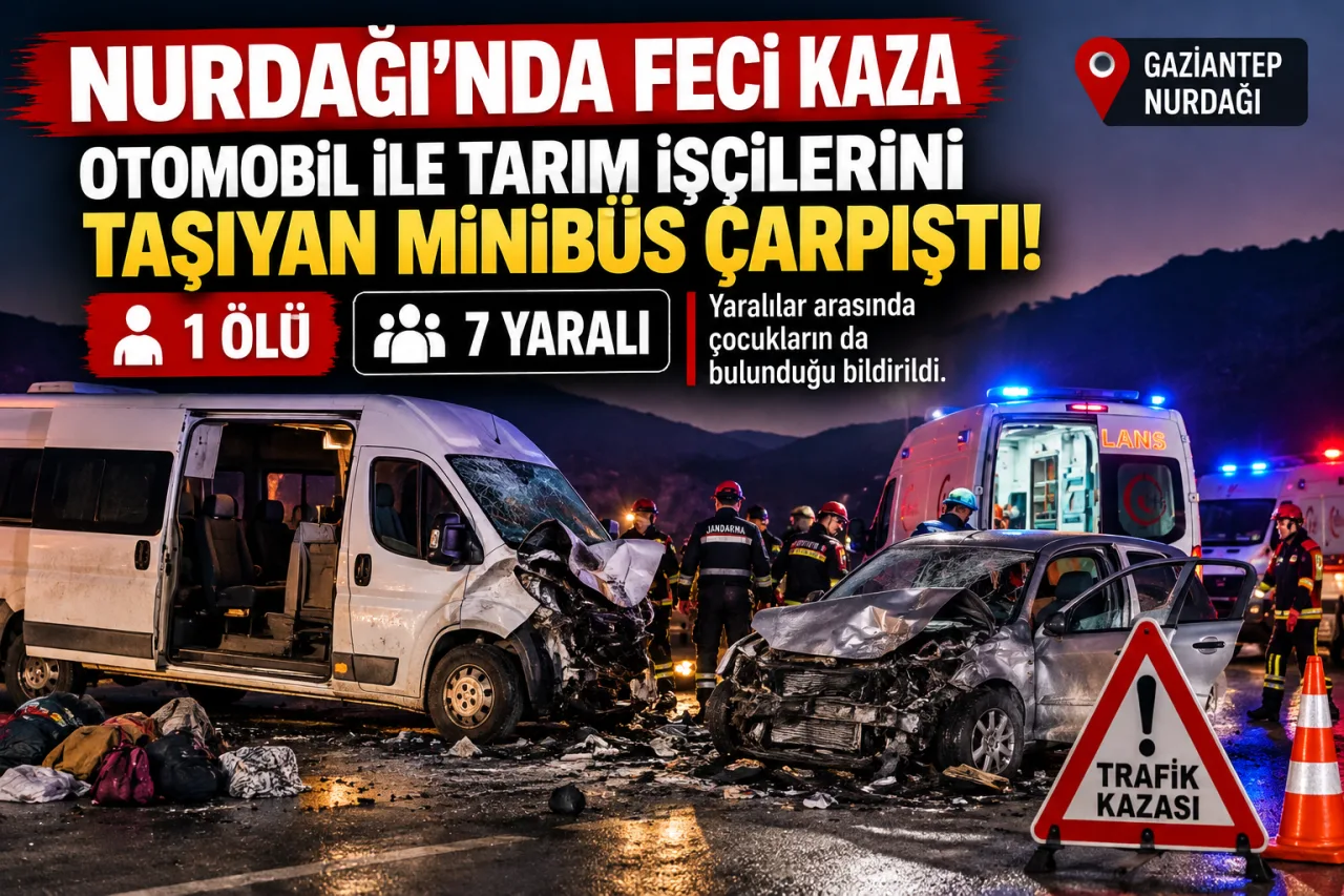 NURDAĞI’NDA FECİ KAZA: OTOMOBİL İLE TARIM İŞÇİLERİNİ TAŞIYAN MİNİBÜS ÇARPIŞTI! 1 ÖLÜ, 7 YARALI