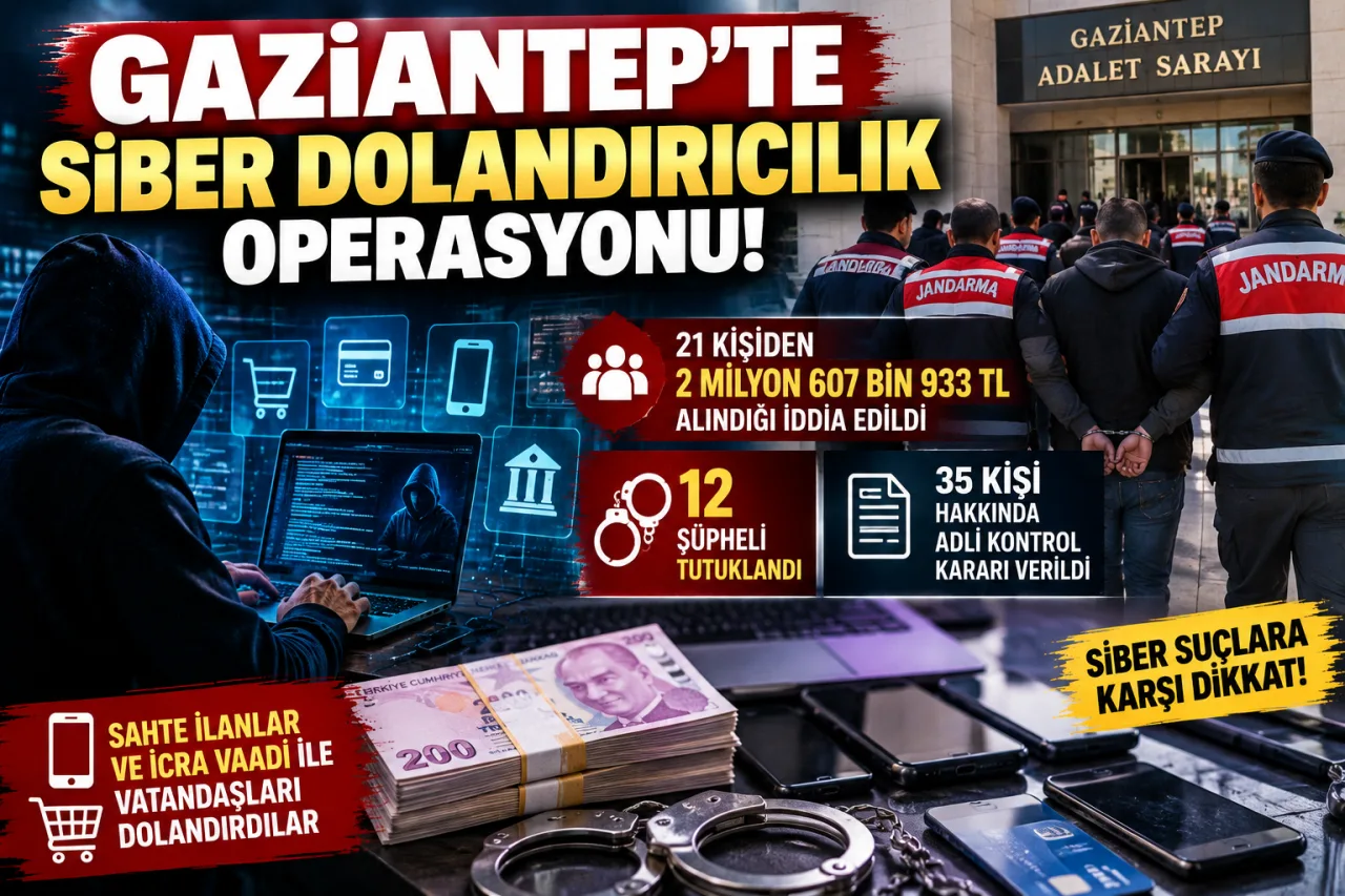 GAZİANTEP’TE SİBER DOLANDIRICILIK OPERASYONU: 21 KİŞİ 2,6 MİLYON TL ZARARA UĞRADI, 12 ŞÜPHELİ TUTUKLANDI
